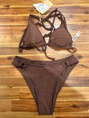 Berlook Women’s Brown Shimmer Triangle Bikini Set - Sparkle Two-Piece Swimwear